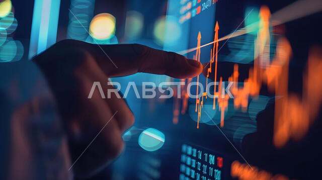 دمج التكنولوجيا المتطورة مع العمل، مراقبة الرسوم البيانيه الهولوجراميه على الشاشات الالكترونيه المضيئه، صورة مقربة ليدين لرجل أعمال عربي خليجي سعودي يقوم بمراقبة ارتفاع وانخفاض الأسهم في سوق البورصه، إنجاز وتحقيق أهداف الشركة, تداول العملة الرقمية