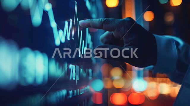  دمج التكنولوجيا المتطورة مع العمل، مراقبة الرسوم البيانيه الهولوجراميه على الشاشات الالكترونيه المضيئه، صورة مقربة ليدين لرجل أعمال عربي خليجي سعودي يقوم بمراقبة ارتفاع وانخفاض الأسهم في سوق البورصه، إنجاز وتحقيق أهداف الشركة, تداول العملة الرقمية