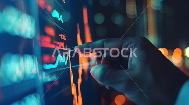  دمج التكنولوجيا المتطورة مع العمل، مراقبة الرسوم البيانيه الهولوجراميه على الشاشات الالكترونيه المضيئه، صورة مقربة ليدين لرجل أعمال عربي خليجي سعودي يقوم بمراقبة ارتفاع وانخفاض الأسهم في سوق البورصه، إنجاز وتحقيق أهداف الشركة, تداول العملة الرقمية