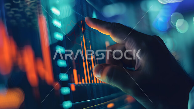 تداول العملة الرقمية، دمج التكنولوجيا المتطورة مع العمل، مراقبة الرسوم البيانيه الهولوجراميه على الشاشات الالكترونيه المضيئه، صورة مقربة ليدين لرجل أعمال عربي خليجي سعودي يقوم بمراقبة ارتفاع وانخفاض الأسهم في سوق البورصه، إنجاز وتحقيق أهداف الشركة,