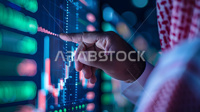 تداول العملة الرقمية، دمج التكنولوجيا المتطورة مع العمل، مراقبة الرسوم البيانيه الهولوجراميه على الشاشات الالكترونيه المضيئه، صورة مقربة ليدين لرجل أعمال عربي خليجي سعودي يقوم بمراقبة ارتفاع وانخفاض الأسهم في سوق البورصه، إنجاز وتحقيق أهداف الشركة,