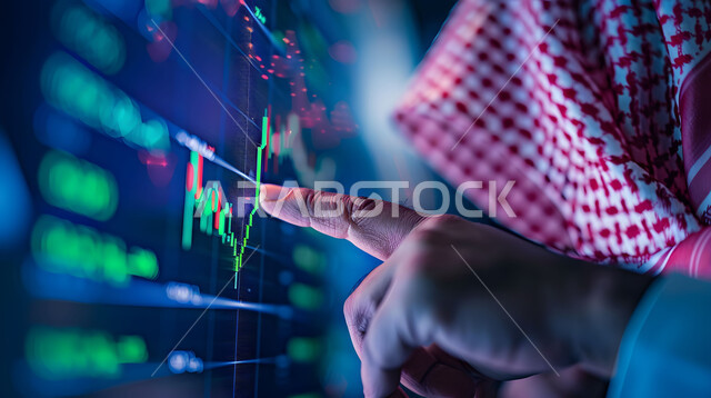 تداول العملة الرقمية، دمج التكنولوجيا المتطورة مع العمل، مراقبة الرسوم البيانيه الهولوجراميه على الشاشات الالكترونيه المضيئه، صورة مقربة ليدين لرجل أعمال عربي خليجي سعودي يقوم بمراقبة ارتفاع وانخفاض الأسهم في سوق البورصه، إنجاز وتحقيق أهداف الشركة,