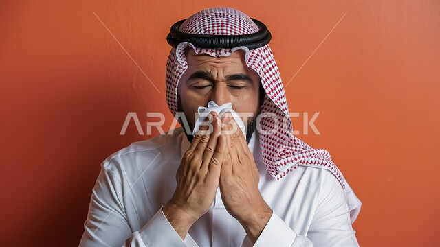 الإصابة بالزكام والانفلونزا، بورتريه مقرب لرجل عربي سعودي خليجي يرتدي الشماغ و الثوب التقليدي يمسح أنفه باستخدام المناديل الورقية, إيماءات تعبر عن المرض والتعب الشديد، اشارات تدل على العطاس والإرهاق، خلفية برتقالية