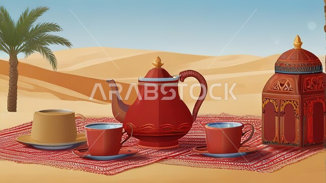 فوانيس وديكورات تقليدية، منتجات محلية وطنية، صورة مقربة لدلة قهوة عربية وفناجين على الرمال الذهبية الناعمة في الصحراء،  الاستمتاع بالمشروبات الساخنة، التشكيلات الرملية في المناطق الصحراوية