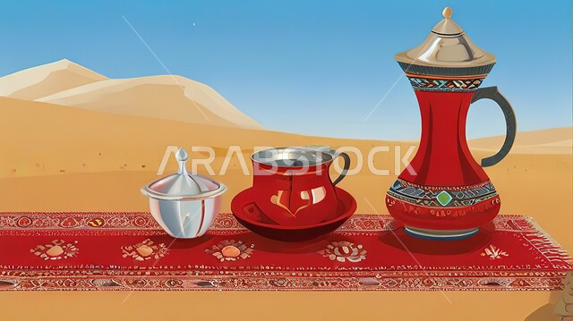 الاستمتاع بالمشروبات الساخنة، منتجات محلية وطنية، صورة مقربة لدلة قهوة عربية وفنجان على الرمال الذهبية الناعمة في الصحراء، التشكيلات الرملية في المناطق الصحراوية