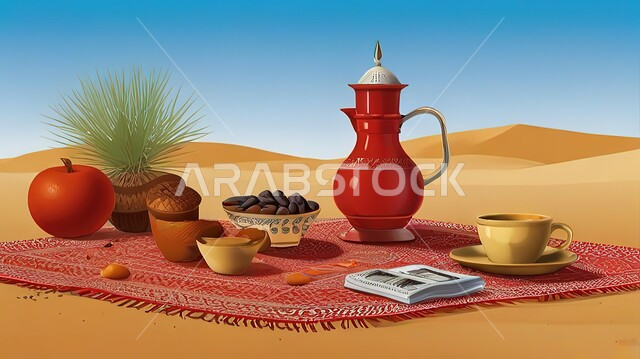 A plate of delicious Gulf dates, enjoying hot drinks, national local products, a close-up of an Arabic coffee pot and a cup on the soft golden sand in the desert, sand formations in desert areas.