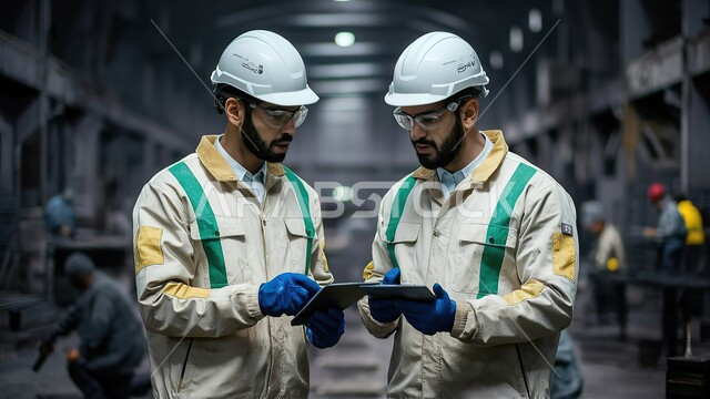مراقبة ومتابعة عمليات الانتاج وسير عمل الآلات عبر جهاز التابلت، وظائف ومهن هندسية شبابية، العمل في مصانع ومعامل المملكة العربية السعودية، مهندسان صناعيان عربيان خليجيان سعوديان يرتديان السترة وخوذة الحماية يقومان بمناقشة المشاريع 