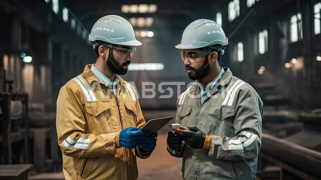 متابعة ومراقبة عمليات الانتاج وسير عمل الآلات عبر جهاز التابلت، وظائف ومهن هندسية شبابية، العمل في مصانع ومعامل المملكة العربية السعودية، مهندسان صناعيان عربيان خليجيان سعوديان يرتديان السترة وخوذة الحماية يقومان بمناقشة المشاريع 