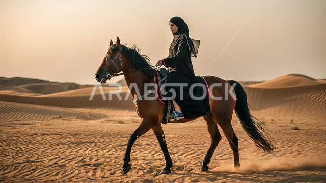 شغف الفروسية وممارسة هواية ركوب الخيل، سيدة عربية خليجية سعودية محجبة ترتدي العباءة وتتجول في الصحراء السعودية على ظهر جواد عربي أصيل، توارث حب الخيول من الأجداد ونشره بين أبناء الوطن، إمتطاء الحصان السعودي على الرمال الناعمة في المناطق الصحراوية