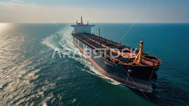استخدام الوسائل المتطورة الحديثه في الإستيراد والتصدير، التبادل التجاري البحري في المملكة العربية السعودية، صورة جوية لسفينة وسط البحر تقوم بنقل البضائع والشحن والملاحة