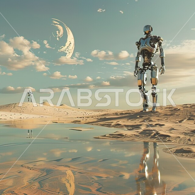 مفهوم التحول الرقمي، التقدم والتطور التقني، رؤية مستقبلية تكنولوجية سعودية 2030، تطوير تقنيات الذكاء الاصطناعي والتعاون بينها وبين البشر، عرض ثلاثي الأبعاد لروبوت في وسط الصحراء في المملكة العربية السعودية