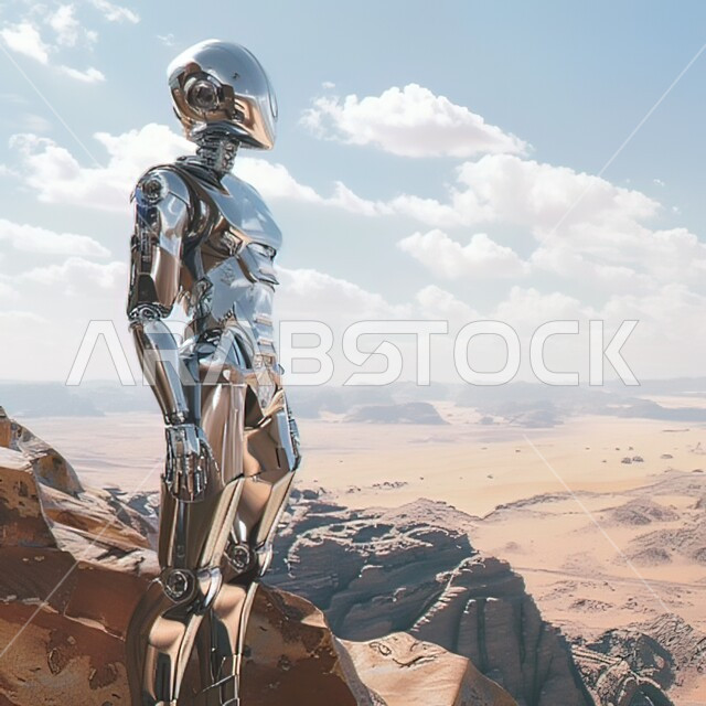 رؤية مستقبلية تكنولوجية سعودية 2030، تطوير تقنيات الذكاء الاصطناعي والتعاون بينها وبين البشر، مفهوم التحول الرقمي، التقدم والتطور التقني، عرض  ثلاثي الأبعاد لروبوت في وسط الصحراء في المملكة العربية السعودية