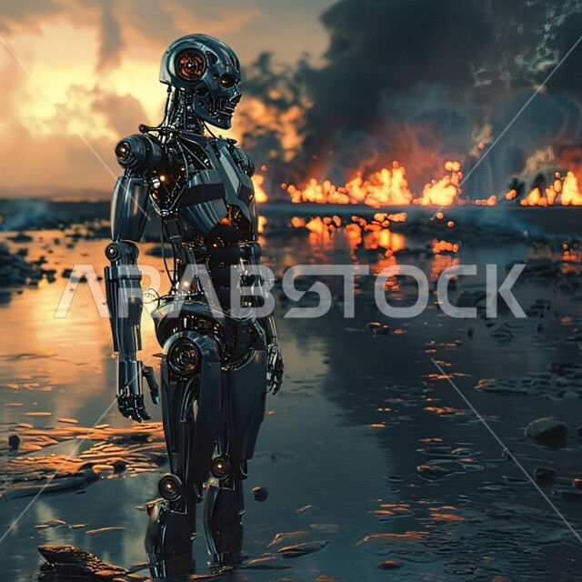 Developing artificial intelligence technologies and cooperation between them and humans, a Saudi technological future vision 2030, the concept of digital transformation, technical progress and development, a three-dimensional throne for a robot in the middle of the desert in the Kingdom of Saudi Arabia