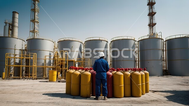 متابعة سير الاعمال في المصانع، مفهوم إنتاجية الغاز في المملكة العربية السعودية, صورة من الخلف لعامل عربي خليجي سعودي يرتدي زي الحماية يراقب الصناعات والمشاريع البيتروكيماوية، معامل تكرير النفط في المملكة العربية السعودية، مستودعات ضخمة و كبيرة