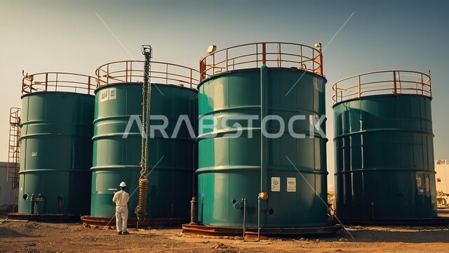 Huge and large warehouses, monitoring the progress of work in factories, the concept of gas productivity in the Kingdom of Saudi Arabia, a picture from the back of a Saudi Gulf Arab worker wearing a protective uniform watching petrochemical industries and projects, oil refining plants in the Kingdom of Saudi Arabia