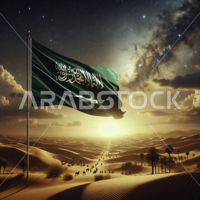 اظهار الفخر والاعتزاز بالانتماء للوطن, ذكرى اليوم الوطني السعودي 23 سبتمبر, الهضاب و التلال الرملية الناعمة في المناطق الصحراوية ,علم المملكة مغروس في الرمال الذهبية يرفرف عاليا في سماء السعودية وقت غروب الشمس, احتفالات بالمناسبات الوطنية, يوم العلم 11 مارس