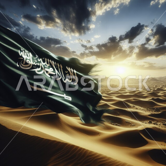 الهضاب و التلال الرملية الناعمة في المناطق الصحراوية، اظهار الفخر والاعتزاز بالانتماء للوطن, ذكرى اليوم الوطني السعودي 23 سبتمبر, علم المملكة مغروس في الرمال الذهبية يرفرف عاليا في سماء السعودية وقت غروب الشمس, احتفالات بالمناسبات الوطنية, يوم العلم 11 مارس