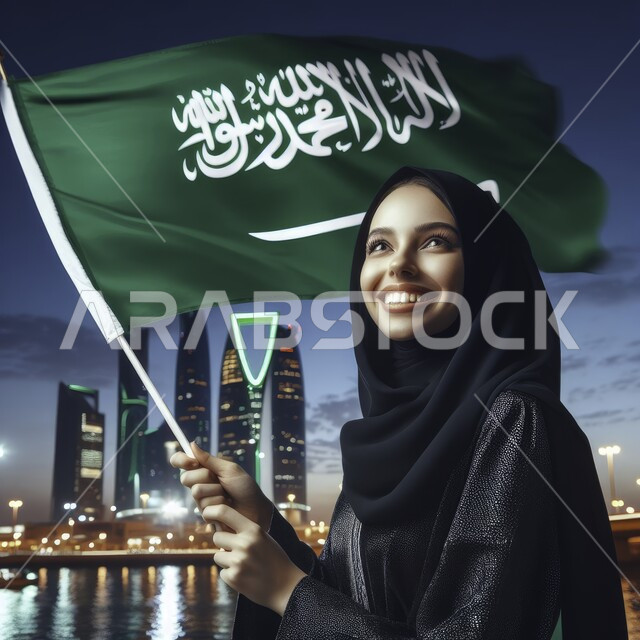مفهوم الفخر والاعتزاز بإنجازات البلاد، ذكرى اليوم الوطني 23 سبتمبر، صورة مقربة لامرأة عربية خليجية سعودية محجبة مبتسمة ترتدي عباءة سوداء تقوم برفع علم السعودية عاليا، يوم العلم السعودي 11 مارس، الإحتفال بالمناسبات والاعياد الوطنية، خلفية الابراج وناطحات السحاب