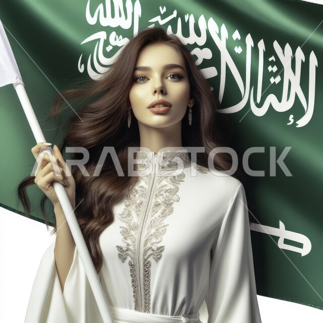 الإحتفال بالمناسبات والاعياد الوطنية، يوم العلم السعودي 11 مارس، مفهوم الفخر والاعتزاز بإنجازات البلاد، ذكرى اليوم الوطني 23 سبتمبر، بورتريه مقرب لامرأة عربية خليجية سعودية تقوم برفع علم السعودية عاليا، خلفية بيضاءالإحتفال بالمناسبات والاعياد الوطنية، يوم العلم السعودي 11 مارس، مفهوم الفخر والاعتزاز بإنجازات البلاد، ذكرى اليوم الوطني 23 سبتمبر، بورتريه مقرب لامرأة عربية خليجية سعودية تقوم برفع علم السعودية عاليا، خلفية بيضاء