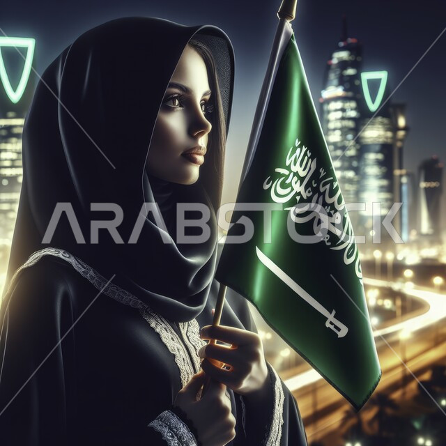 يوم العلم السعودي 11 مارس، مفهوم الفخر والاعتزاز بإنجازات البلاد، ذكرى اليوم الوطني 23 سبتمبر، صورة مقربة من الجانب لامرأة عربية خليجية سعودية محجبة ترتدي عباءة سوداء تقوم برفع علم السعودية عاليا، الإحتفال بالمناسبات والاعياد الوطنية، خلفية الابراج وناطحات السحاب