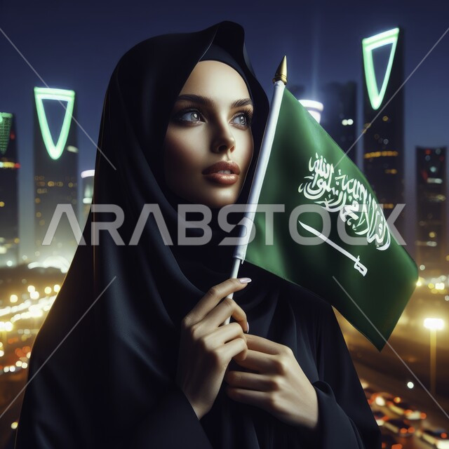 الإحتفال بالمناسبات والاعياد الوطنية، يوم العلم السعودي 11 مارس، مفهوم الفخر والاعتزاز بإنجازات البلاد، ذكرى اليوم الوطني 23 سبتمبر، صورة مقربة لامرأة عربية خليجية سعودية محجبة ترتدي عباءة سوداء تقوم برفع علم السعودية عاليا، خلفية الابراج وناطحات السحاب