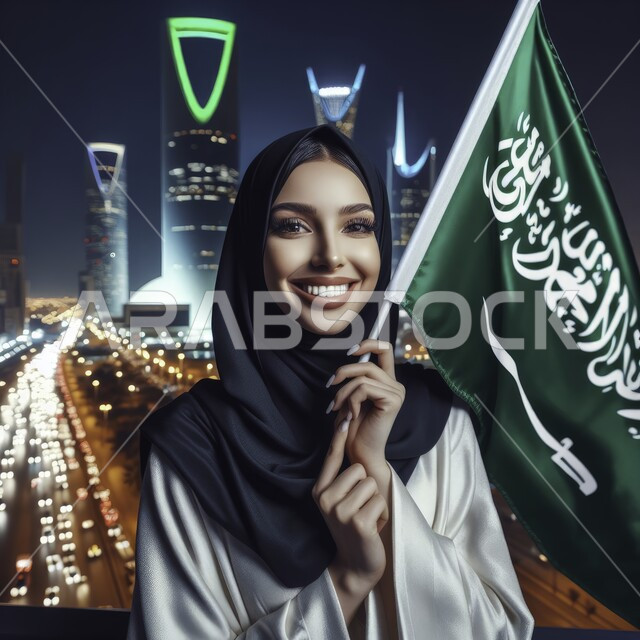 مفهوم الفخر والاعتزاز بإنجازات البلاد، ذكرى اليوم الوطني 23 سبتمبر، صورة مقربة لامرأة عربية خليجية سعودية محجبة مبتسمة ترتدي عباءة سوداء تقوم برفع علم السعودية عاليا، يوم العلم السعودي 11 مارس، الإحتفال بالمناسبات والاعياد الوطنية، خلفية الابراج وناطحات السحاب