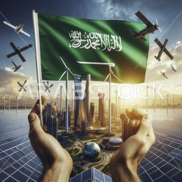 الفخر والاعتزاز بالانجاز والتقدم  العمراني في المملكه، صورة مقربة ليدي رجل عربي خليجي سعودي يحمل مجسم مدينة الرياض بين كفيه، يوم العلم السعودي 11 مارس، ذكرى اليوم الوطني 23 سبتمبر، خلفية الواح الطاقة الشمسية المتجددة