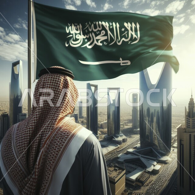 احتفالات ومناسبات وطنية, علم المملكة يرفرف عاليا في سماء السعودية, الاحتفال باليوم الوطني السعودي 23 سبتمبر, صورة مقربة من الخلف لرجل عربي خليجي سعودي يرتدي الزي التقليدي و العقال ينظر الى المعالم السياحية المشهورة في مدينة الرياض, يوم العلم 11 مارس