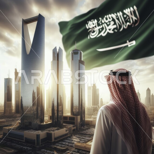 علم المملكة يرفرف عاليا في سماء السعودية, الاحتفال باليوم الوطني السعودي 23 سبتمبر, احتفالات ومناسبات وطنية ,صورة من الخلف لرجل عربي خليجي سعودي يرتدي الزي التقليدي و العقال ينظر الى المعالم السياحية المشهورة في مدينة الرياض, يوم العلم 11 مارس