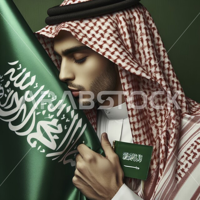 اظهار الحب والولاء للسعودية، احياء ذكرى اليوم الوطني السعودي 23 سبتمبر، صورة مقربة لرجل عربي خليجي سعودي يرتدي الزي التقليدي يقوم بتقبيل علم المملكة، يوم العلم 11 مارس، خلفية خضراء، كروما