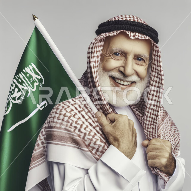 يوم العلم 11 مارس، إيماءات السرور والاعتزاز بإنجازات الوطن، ذكرى توحيد المملكة 8 ربيع الاول، بورتريه مقرب لرجل مسن عربي سعودي خليجي مبتسم يرتدي الشماغ والثوب التقليدي يحمل بيده علم السعودية، اظهار الحب والولاء للمملكه، خلفية بيضاء