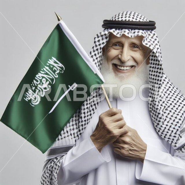 إيماءات السرور والاعتزاز بإنجازات الوطن، ذكرى توحيد المملكة 8 ربيع الاول، بورتريه مقرب لرجل مسن عربي سعودي خليجي مبتسم يرتدي الشماغ والثوب التقليدي يحمل بيده علم السعودية، يوم العلم 11 مارس، اظهار الحب والولاء للمملكه، خلفية بيضاء