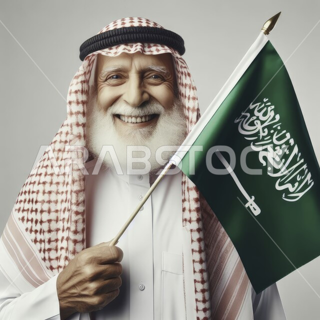ذكرى توحيد المملكة 8 ربيع الاول، إيماءات السرور والاعتزاز بإنجازات الوطن، بورتريه مقرب لرجل مسن عربي سعودي خليجي مبتسم يرتدي الشماغ والثوب التقليدي يحمل بيده علم السعودية، يوم العلم 11 مارس، اظهار الحب والولاء للمملكه، خلفية بيضاء