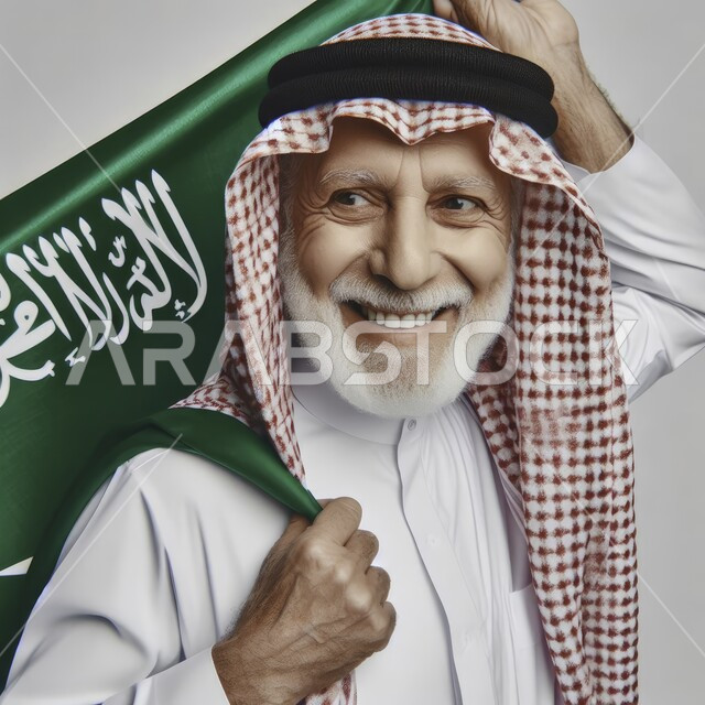 اظهار الحب والولاء للمملكه، يوم العلم 11 مارس، إيماءات السرور والاعتزاز بإنجازات الوطن، ذكرى توحيد المملكة 8 ربيع الاول، بورتريه مقرب لرجل مسن عربي سعودي خليجي مبتسم يرتدي الشماغ والثوب التقليدي يحمل علم السعودية على كتفه، خلفية بيضاء