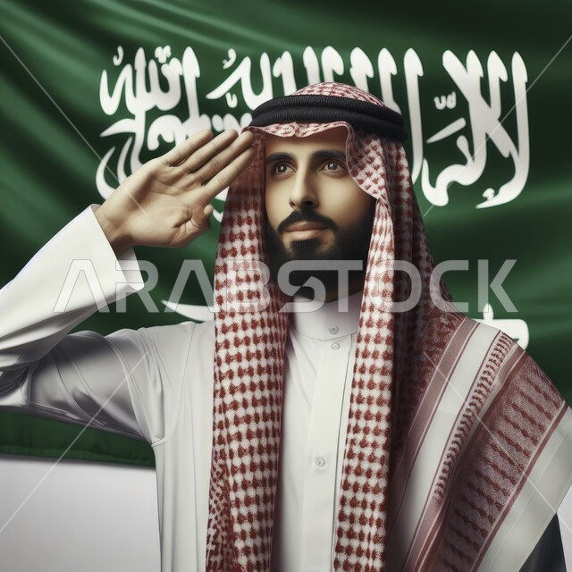 إيماءات الفخر والاعتزاز بإنجازات الوطن، الاحتفال  بيوم العلم 11 مارس، استذكار اليوم الوطني السعودي في 23 سبتمبر، اظهار الحب والولاء للمملكه، صورة مقربة لرجل عربي سعودي خليجي يرتدي الشماغ والثوب التقليدي يحمل يقوم بتحية العلم، خلفية راية التوحيد والسلام