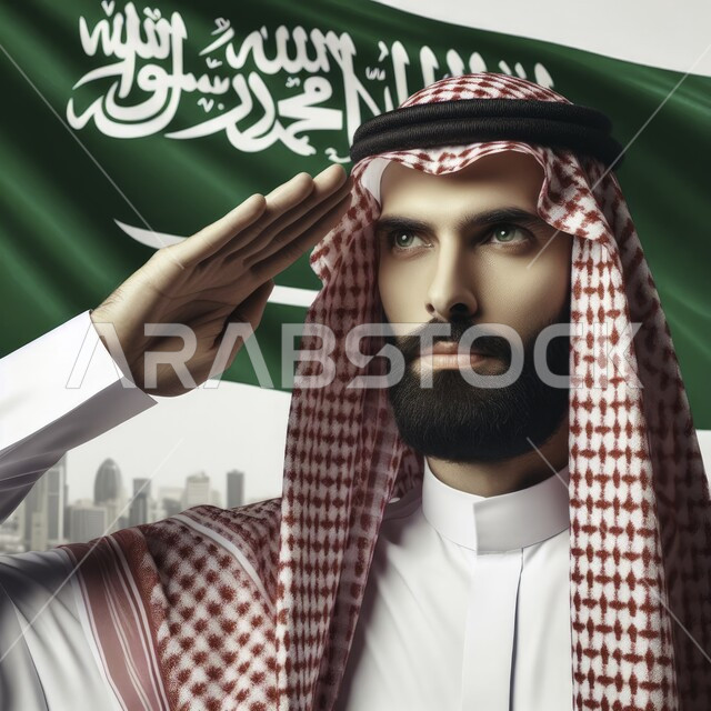 الاحتفال  بيوم العلم 11 مارس، استذكار اليوم الوطني السعودي في 23 سبتمبر، اظهار الحب والولاء للمملكه، إيماءات الفخر والاعتزاز بإنجازات الوطن، صورة مقربة لرجل عربي سعودي خليجي يرتدي الشماغ والثوب التقليدي يحمل يقوم بتحية العلم، خلفية راية التوحيد والسلام