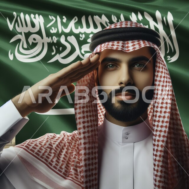استذكار اليوم الوطني السعودي في 23 سبتمبر، اظهار الحب والولاء للمملكه، الاحتفال  بيوم العلم 11 مارس، إيماءات الفخر والاعتزاز بإنجازات الوطن، صورة مقربة لرجل عربي سعودي خليجي يرتدي الشماغ والثوب التقليدي يحمل يقوم بتحية العلم، خلفية راية التوحيد والسلام