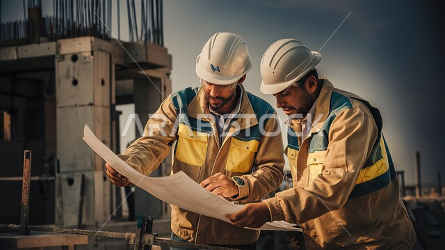 Scrutinizing plans and construction projects, the development and progress of Saudi Arabia at the hands of the people of the nation, two Saudi Gulf Arab engineers wearing a jacket and a protective helmet standing at the work site and holding the construction plan, architectural engineering and construction, attention to work affairs