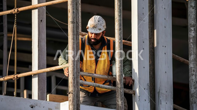 العمل في القطاع الهندسي، مفهوم الهندسة والانشاءات، الاشراف على تطبيق الخطط والمشاريع الهندسيه المعمارية، مهندس عربي خليجي سعودي يرتدي سترة الحماية يتأكد من وضع الأساسات في مقر عمله، مبنى قيد الانشاء