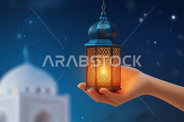 زينة و إضاءه رمضان المبارك, أنوار و ديكورات في الأجواء الرمضانية الروحانية ,صورة مقربة ليد إمرأة تحمل فانوس معدني تقليدي مزخرف مضيء, تحف و فوانيس اسلامية للاحتفال بقدوم شهر الخير