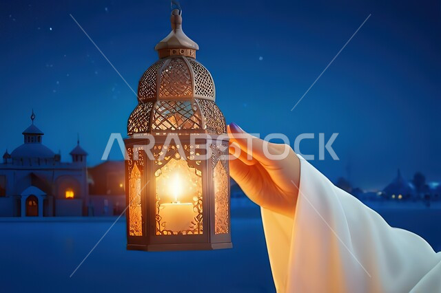 أنوار و ديكورات في الأجواء الرمضانية الروحانية ,صورة مقربة ليد إمرأة تحمل فانوس معدني تقليدي مزخرف مضيء, تحف و فوانيس اسلامية للاحتفال بقدوم شهر الخير، زينة و إضاءه رمضان المبارك