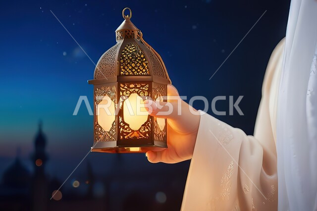 تحف و فوانيس اسلامية للاحتفال بقدوم شهر الخير، زينة و إضاءه رمضان المبارك، أنوار و ديكورات في الأجواء الرمضانية الروحانية ,صورة مقربة ليد إمرأة تحمل فانوس معدني تقليدي مزخرف مضيء