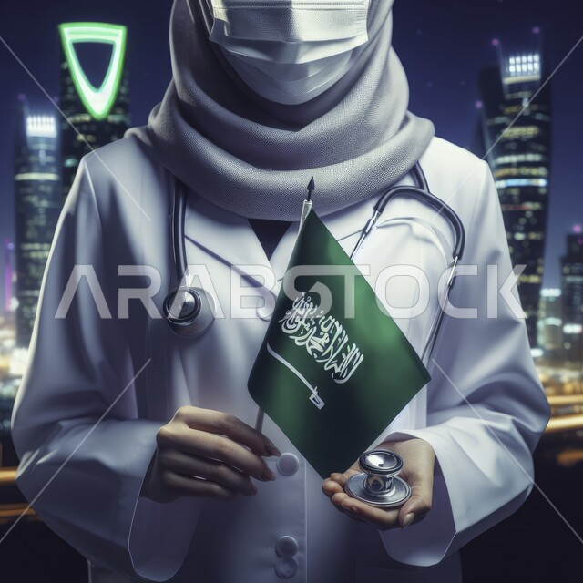Working in the health care sector, pride in the Kingdom’s achievements, a close-up photo of a Saudi Gulf Arab doctor wearing a coat and a stethoscope holding the Saudi flag in her hand, medical professions and jobs, commemorating the Saudi National Day on September 23, celebrating Flag Day on March 11, the background of the Riyadh Towers