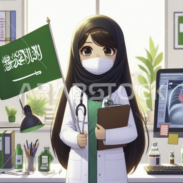 Celebrating Science Day on March 11, working in the health care sector, pride in the Kingdom’s achievements, three-dimensional illustrations of a Saudi Gulf Arab doctor wearing a coat and a stethoscope holding the Saudi flag in her hand, medical professions and jobs, remembering the Saudi National Day on September 23