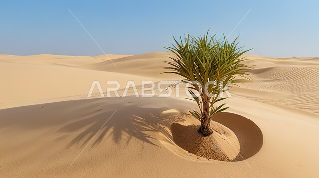  زراعة اشجار النخل والنباتات الخضراء في البادية، شجرة النخيل االصغيرة وسط الرمال الذهبية الناعمة، المناطق البرية والبيئة الصحراوية في المملكة العربية السعودية، خلفية الطبيعة