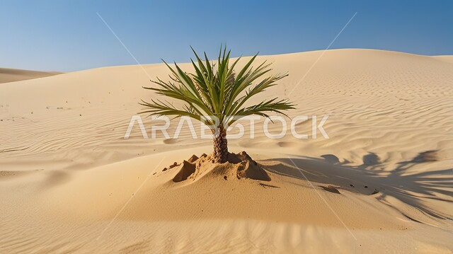  زراعة اشجار النخل والنباتات الخضراء في البادية، شجرة النخيل االصغيرة وسط الرمال الذهبية الناعمة، المناطق البرية والبيئة الصحراوية في المملكة العربية السعودية، خلفية الطبيعة
