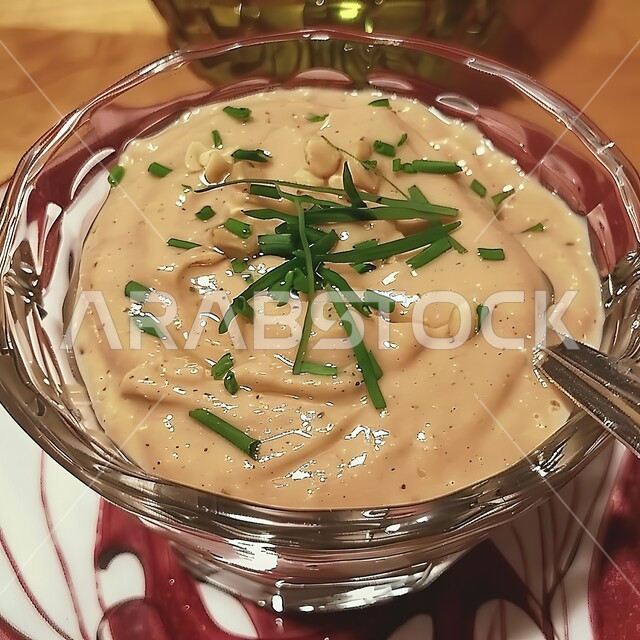 المقبلات النباتية الباردة اللذيذة، طبق من كريم الحمص المزين بالتوابل والبقدونس مع الثوم، مأكولات وأطباق شعبية تقليدية، وصفات طعام شرقية عربية سعودية