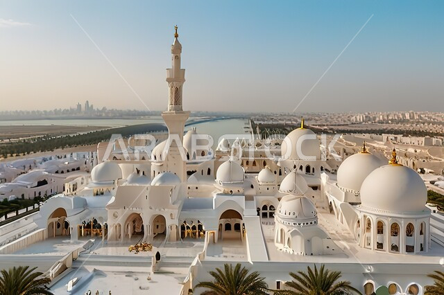 الفن الهندسي المعماري للمساجد على الطراز الإسلامي العربي، الأماكن الدينية الإسلامية في الإمارات العربية المتحدة، العبادة والتقرب الى الله، مسجد الشيخ زايد بن سلطان آل نهيان الكبير في إمارة ابو ظبي في النهار