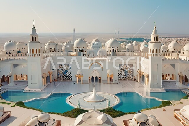 Sheikh Zayed bin Sultan Al Nahyan Grand Mosque in the Emirate of Abu Dhabi during the day, architectural art of mosques in the Arab Islamic style, Islamic religious places in the United Arab Emirates, worship and closeness to God