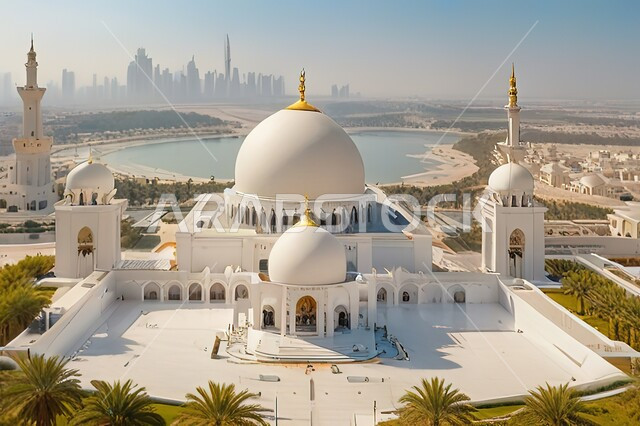 الفن الهندسي المعماري للمساجد على الطراز الإسلامي العربي، الأماكن الدينية الإسلامية في الإمارات العربية المتحدة، العبادة والتقرب الى الله، مسجد الشيخ زايد بن سلطان آل نهيان الكبير في إمارة ابو ظبي في النهار